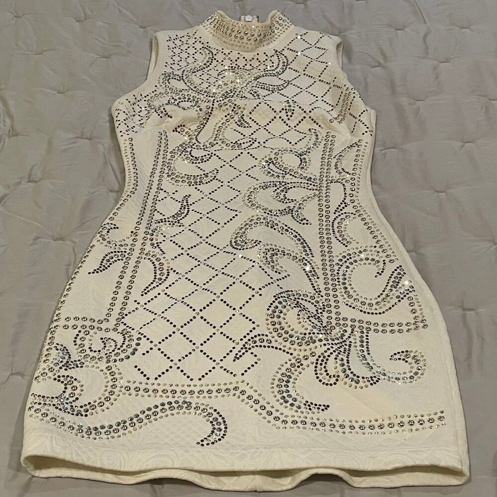 Perfect for the Holidays!! Bebe White Sleeveless High Neck Dress